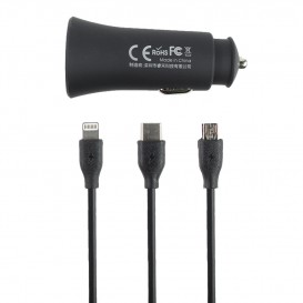 Chargeur voiture double (2.4A) + câble 3 en 1 (USB-C / Lightning / Micro USB)