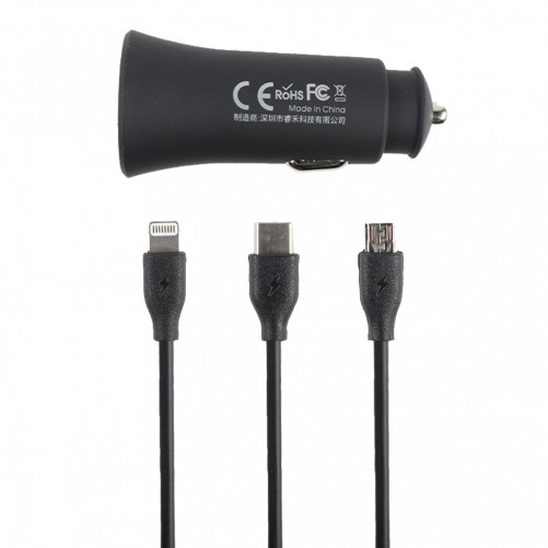 Chargeur voiture double (2.4A) + câble 3 en 1 (USB-C / Lightning / Micro USB)