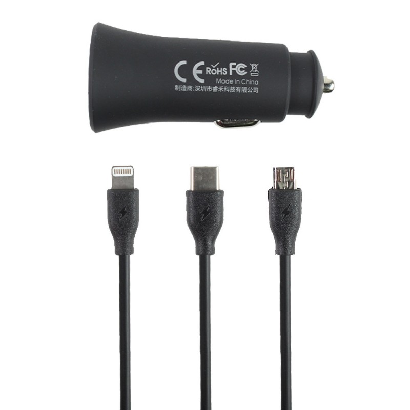 Chargeur voiture double (2.4A) + câble 3 en 1 (USB-C / Lightning / Micro USB)
